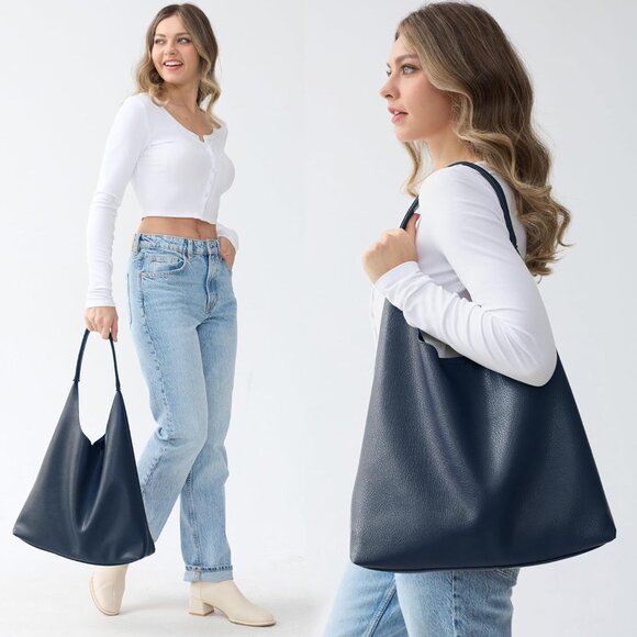 Women Navy Blue Imported Polyester Leather Hobo Soft Vegan Shoulder Tote Bags - Picture 2 of 6